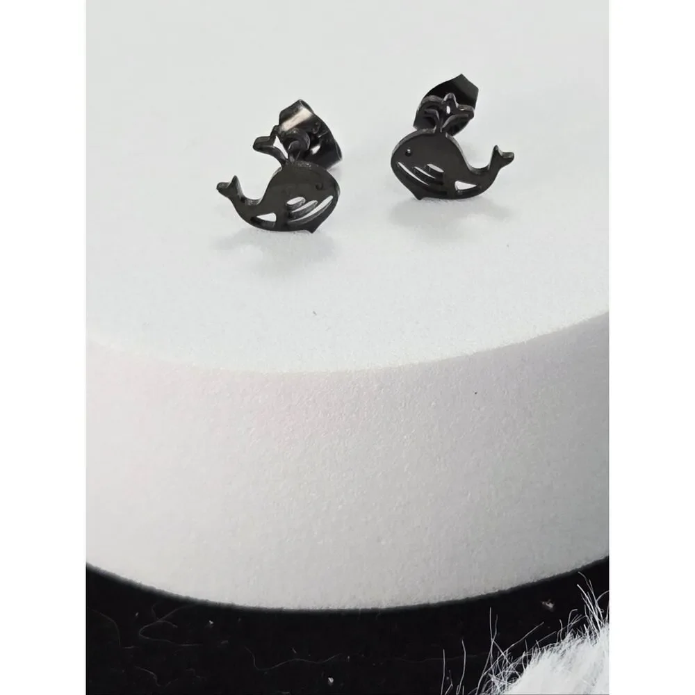 Black Whale Stud Earrings Stainless Steel Silhouette Ocean Animal Dainty